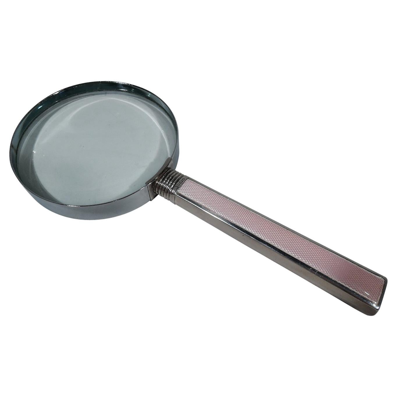 Antique English Sterling Silver and Pink Enamel Magnifying Glass
