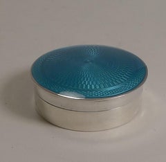 Antique English Sterling Silver and Turquoise Guilloche Enamel Pill Box