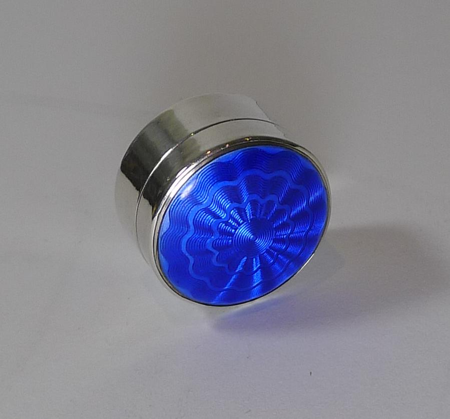 British Antique English Sterling Silver & Blue Guilloche Enamel Pill Box