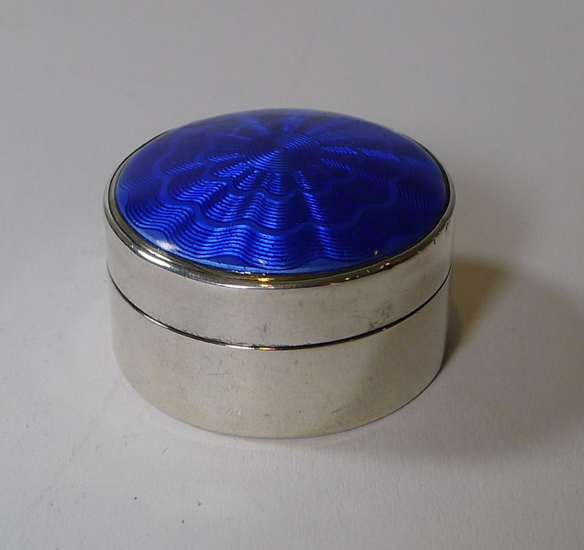 Enameled Antique English Sterling Silver & Blue Guilloche Enamel Pill Box