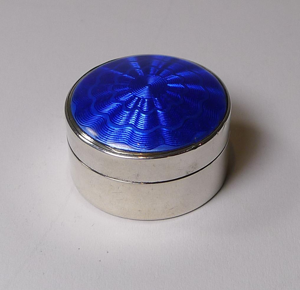 Antique English Sterling Silver & Blue Guilloche Enamel Pill Box In Good Condition In Bath, GB