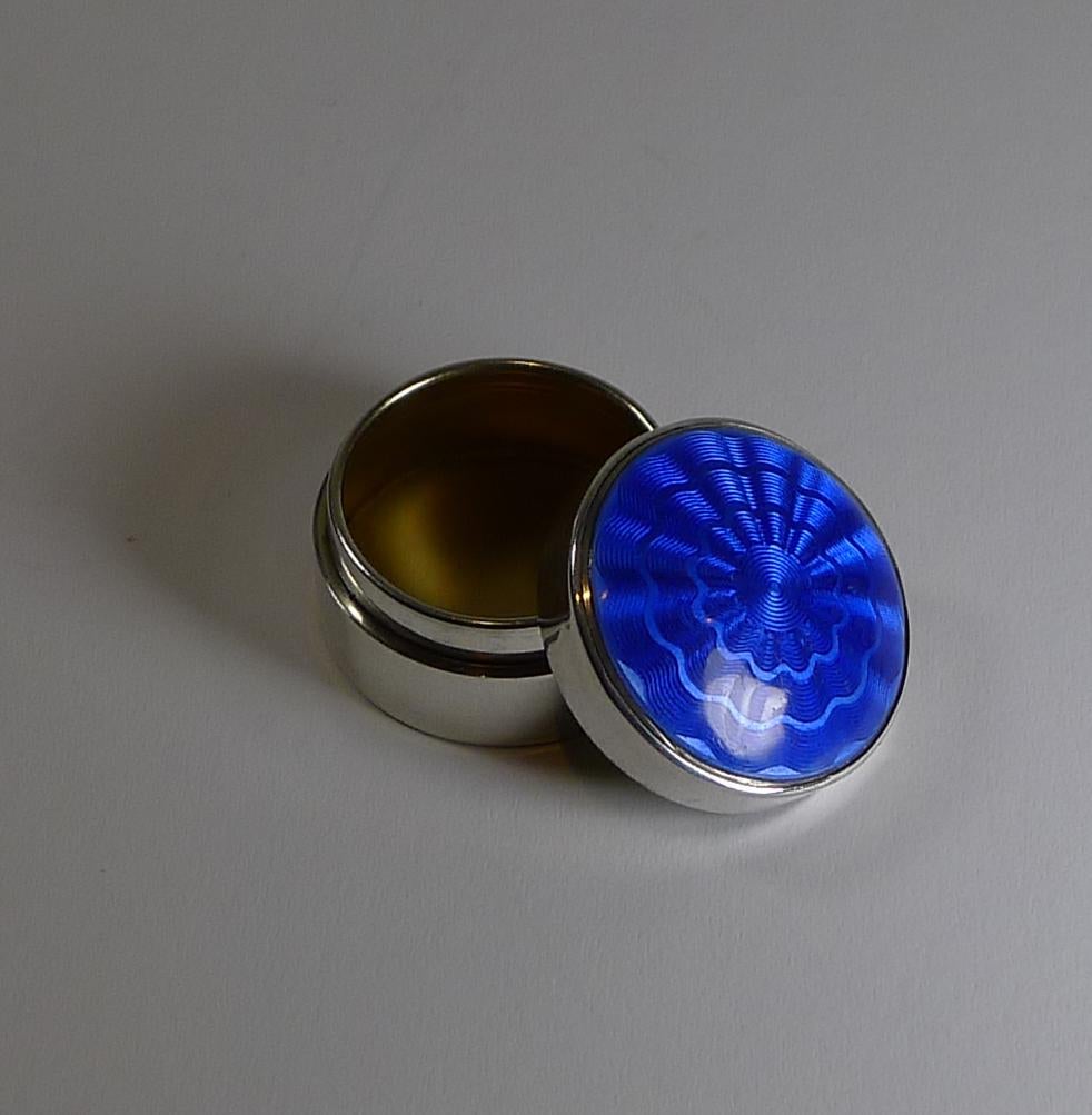 Early 20th Century Antique English Sterling Silver & Blue Guilloche Enamel Pill Box