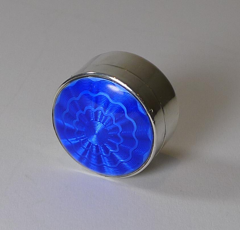 Antique English Sterling Silver & Blue Guilloche Enamel Pill Box 2