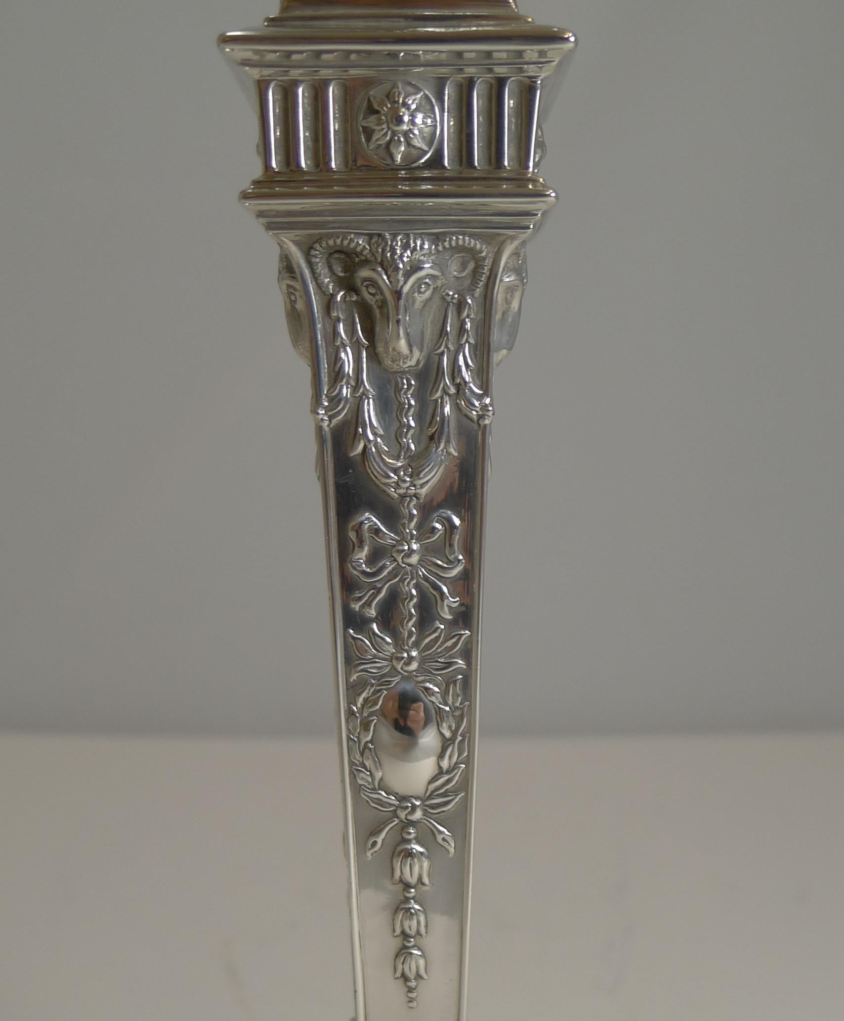 Late 19th Century Antique English Sterling Silver Candlesticks  Adams Style, Ram's Heads, 1898