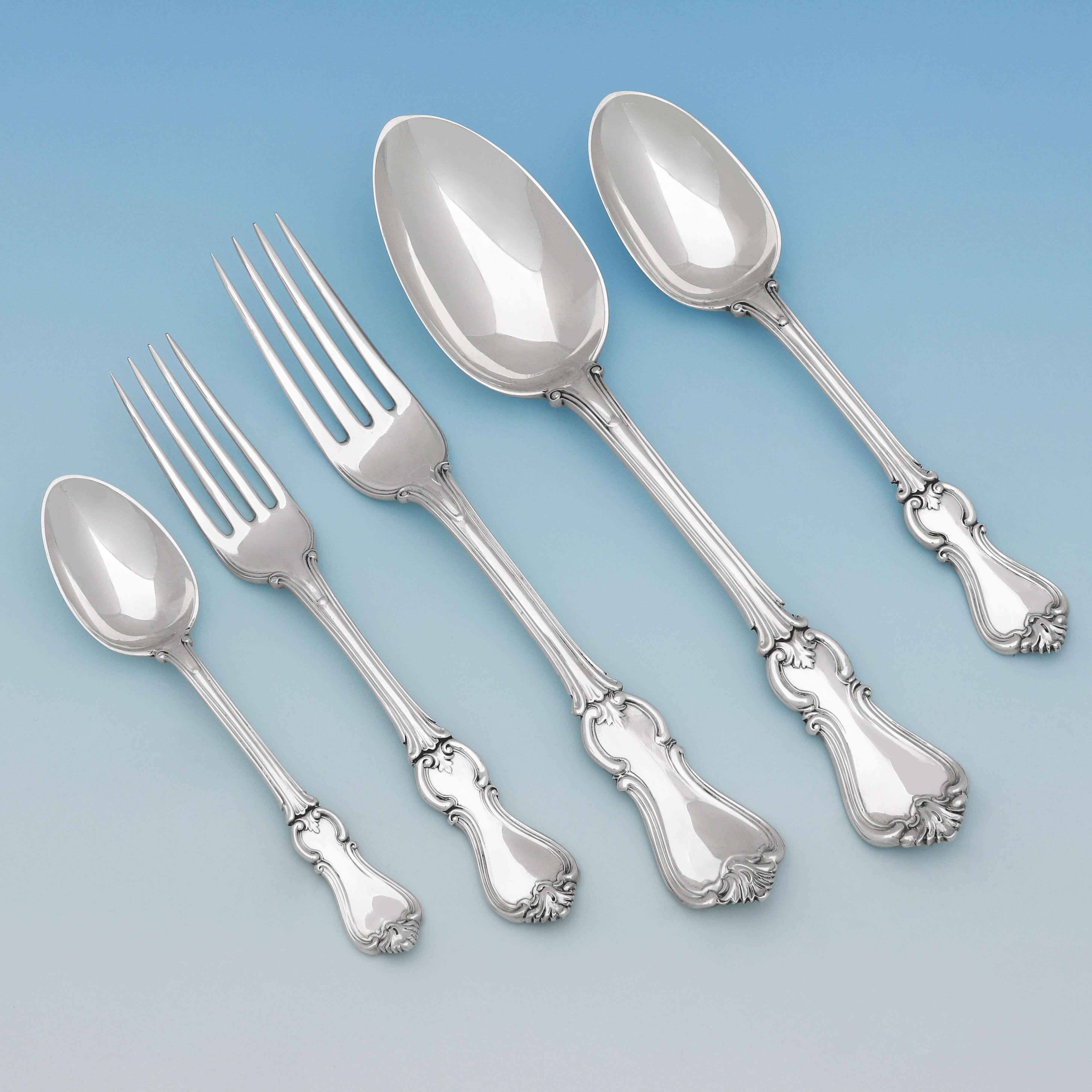 A single maker, mixed years set of antique, Victorian, sterling silver Albert pattern flatware, made in London by George Adams between 1846 and 1871.

Sold with modern Albert pattern sterling silver knives as pictured. 
Each place setting