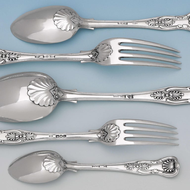 Baroque Antique English Sterling Silver Canteen of Cutlery / Flatware, Kings Pattern For Sale