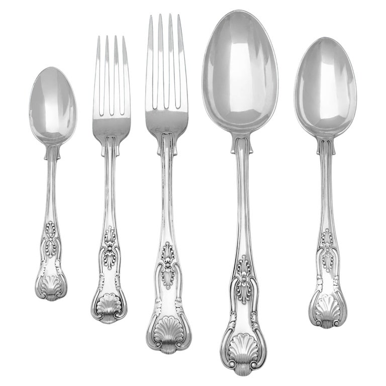 Antique English Sterling Silver Canteen of Cutlery / Flatware, Kings Pattern For Sale