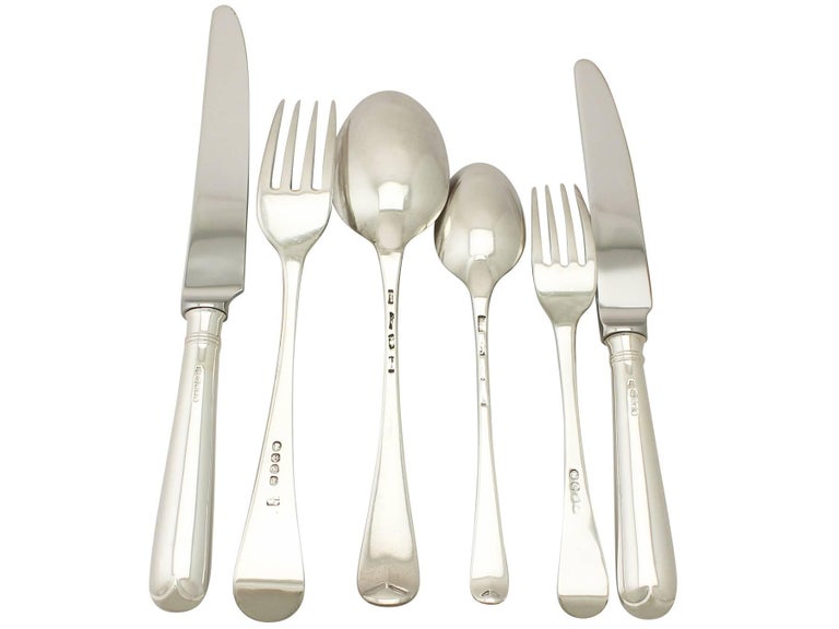 An exceptional, fine and impressive, composite antique English sterling silver old English pattern flatware service for six persons; an addition to our antique London silverware collection.

The pieces of this exceptional, sterling silver antique