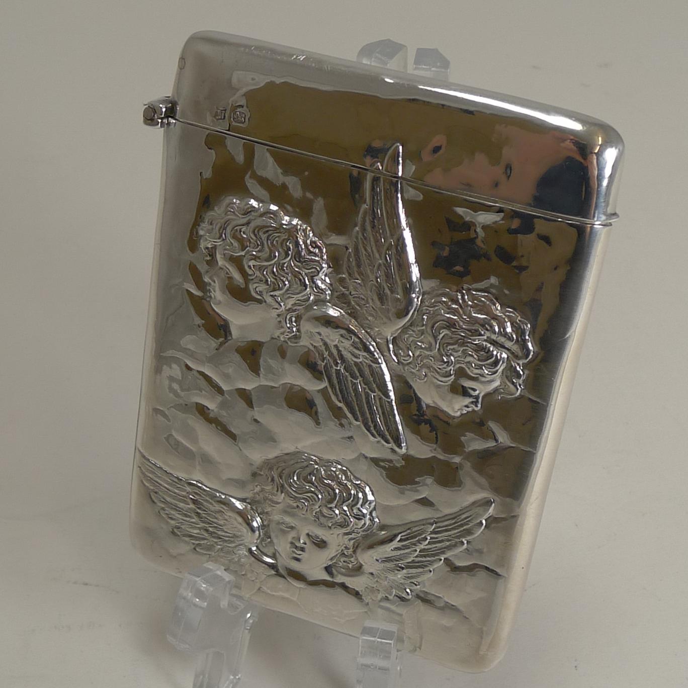 Antique English Sterling Silver Card Case, Angels, 1898 3