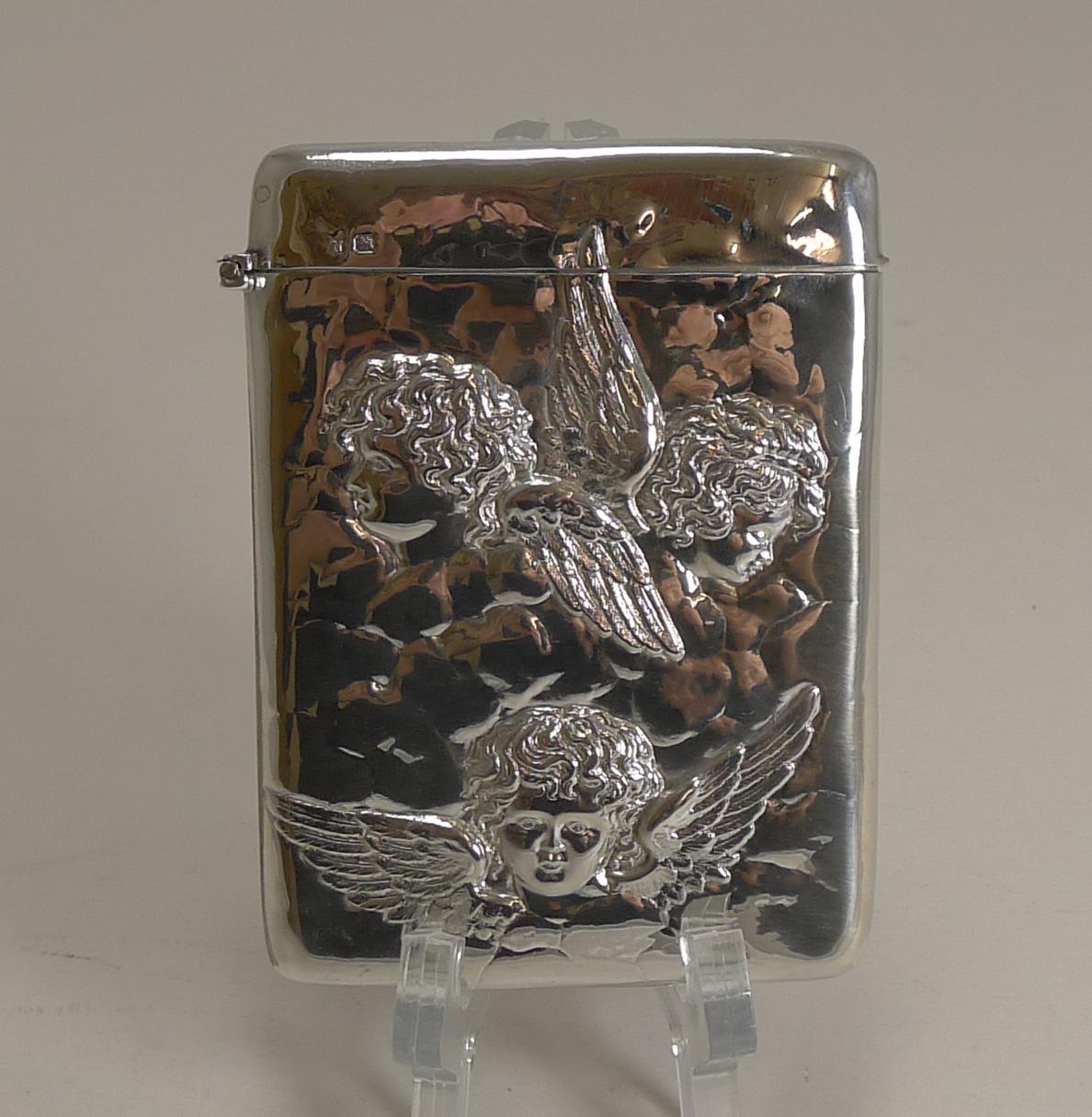 Antique English Sterling Silver Card Case, Angels, 1898 4