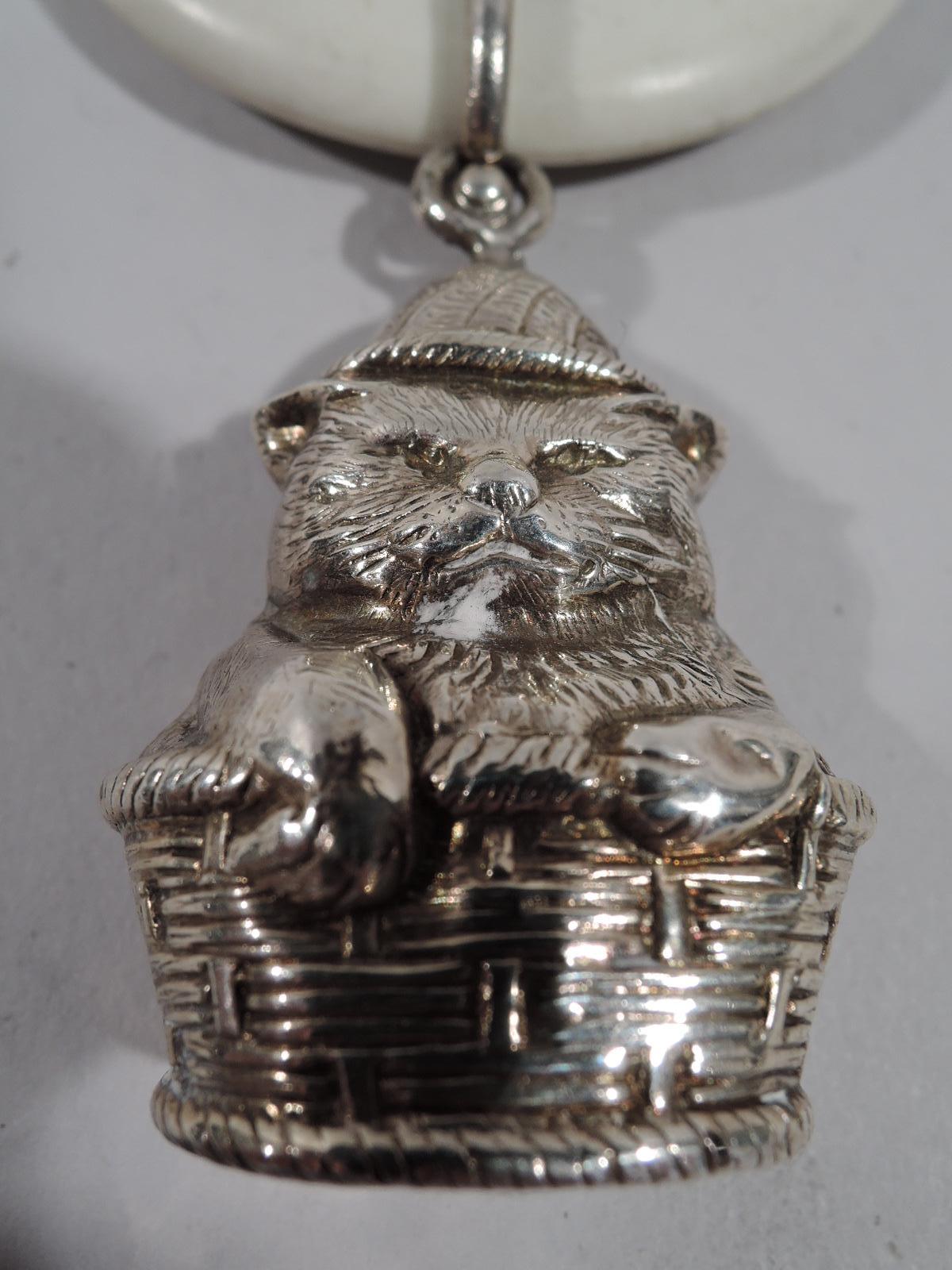 Antique English Sterling Silver Cat in a Basket Baby Rattle In Good Condition In New York, NY