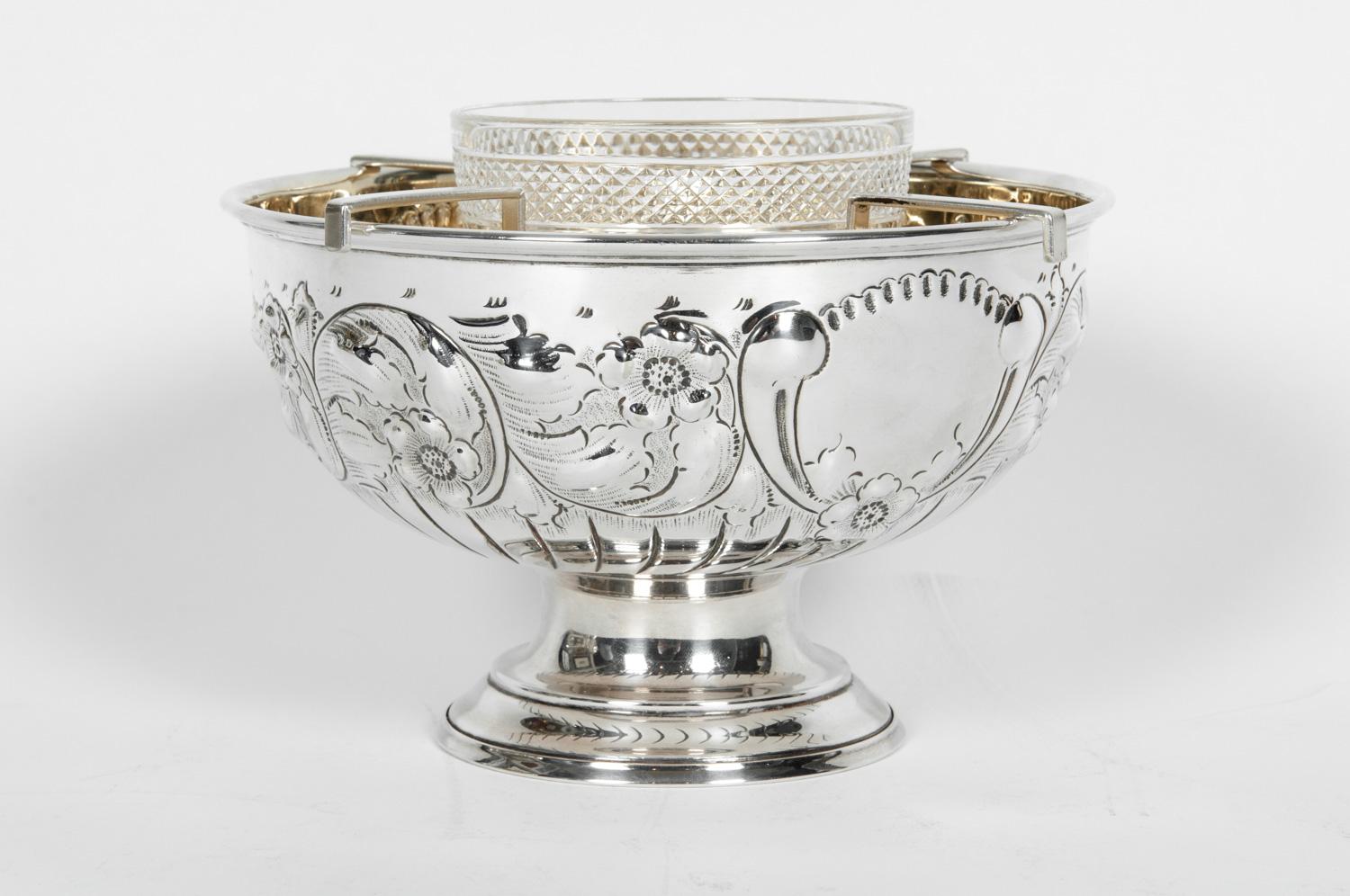Antique English sterling silver with 24-karat gold wash interior caviar dish set. Each piece is in excellent condition, maker's mark undersigned. The sterling silver bowl measure 8.4 inches diameter x 5 inches high. The crystal caviar bowl is about