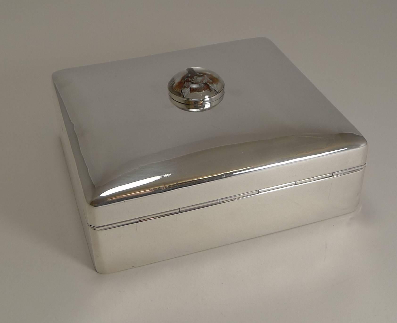 Antique English Sterling Silver Cigar Box, Large Fox Essex Crystal, 1913 For Sale 3