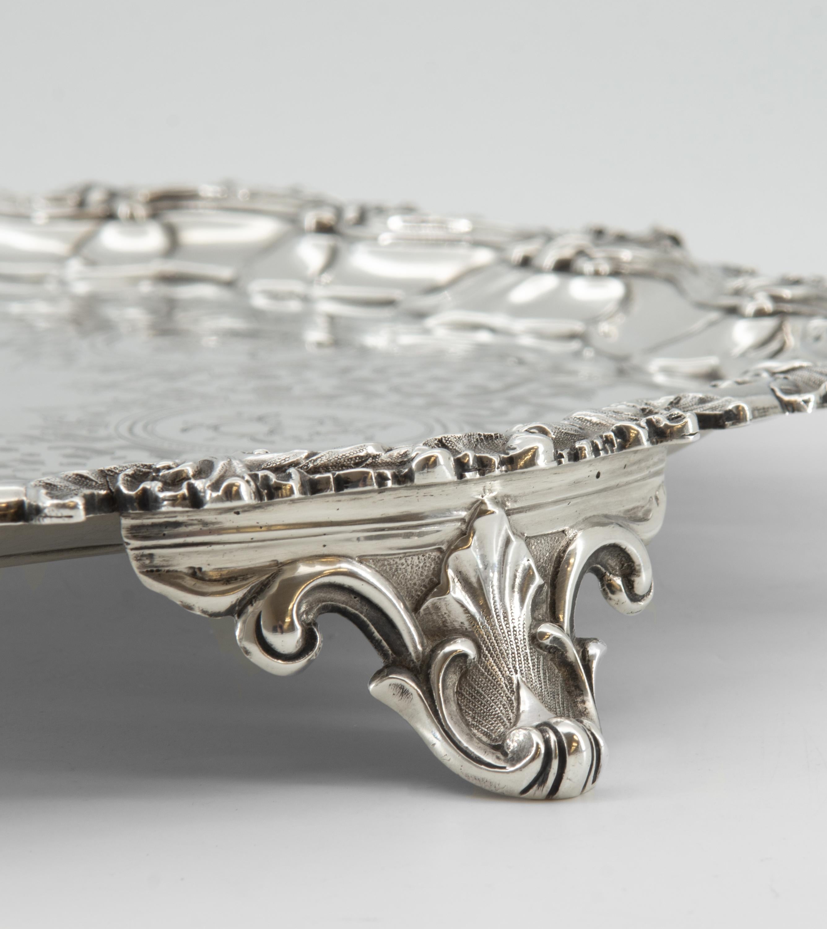 19th Century Antique English Sterling Silver Circular Salver Tray Robert Harper London 1859 For Sale