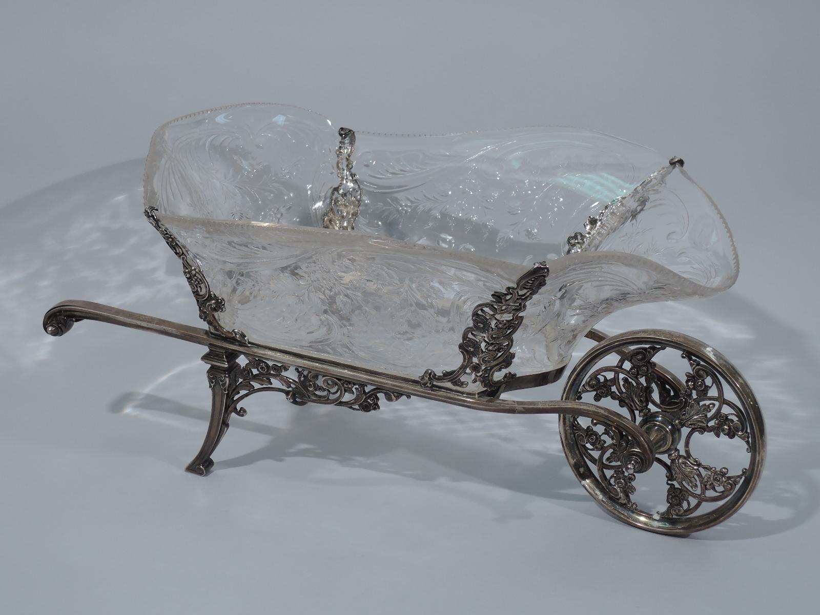 Edwardian Antique English Sterling Silver and Crystal Wheelbarrow Centerpiece by Comyns