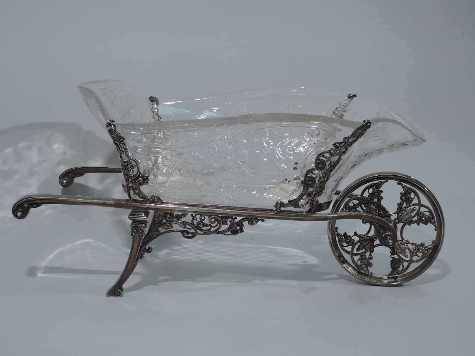 Antique English Sterling Silver and Crystal Wheelbarrow Centerpiece by Comyns In Excellent Condition In New York, NY