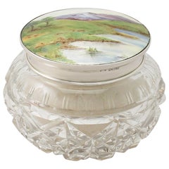 Antique English Sterling Silver Cut Glass Enamel Dressing Table Jar