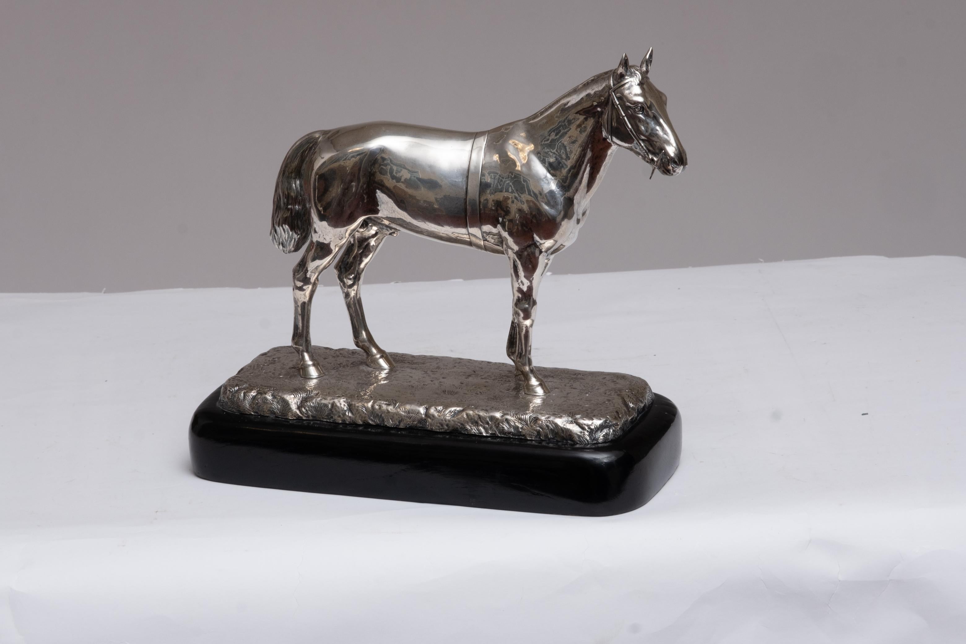 Antique English Sterling Silver Equestrian Sculpture dated 1907 multiple markings including London and maker impressed markings Sterling Silver on Wood Plinth, 1907. Marked “GC”. with London marking
