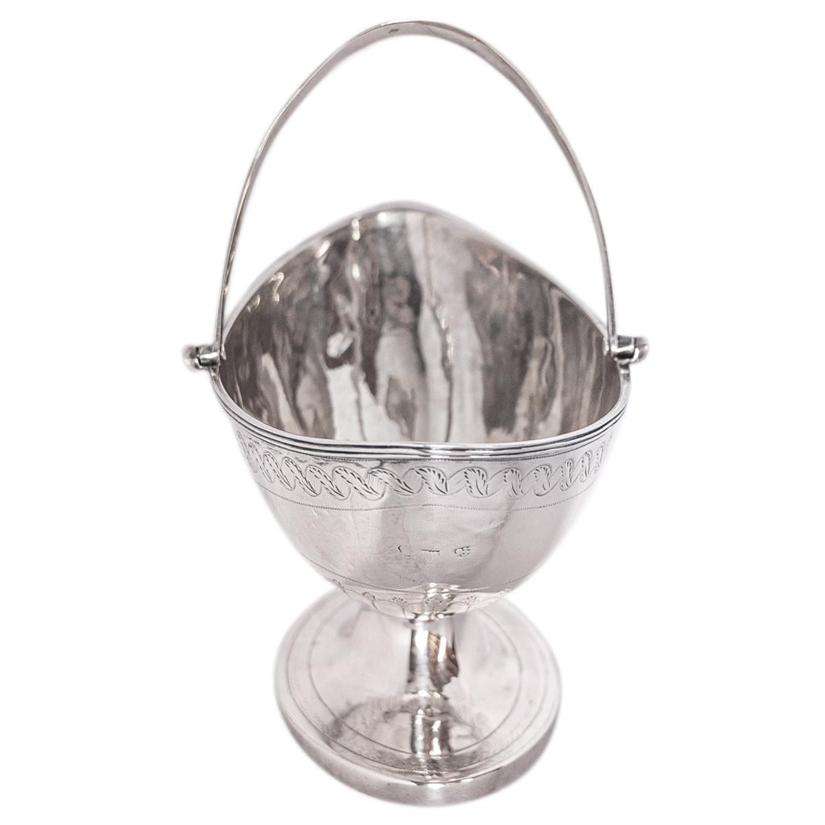 Late 18th Century Antique English Sterling Silver Georgian Engraved Sugar Basket Bowl London 1790 For Sale