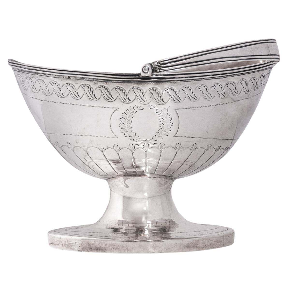 Antique English Sterling Silver Georgian Engraved Sugar Basket Bowl London 1790 For Sale 1