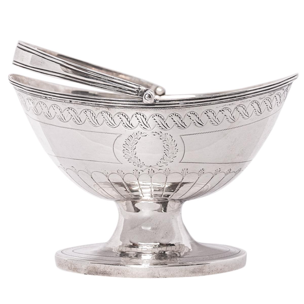 Antique English Sterling Silver Georgian Engraved Sugar Basket Bowl London 1790 For Sale 3