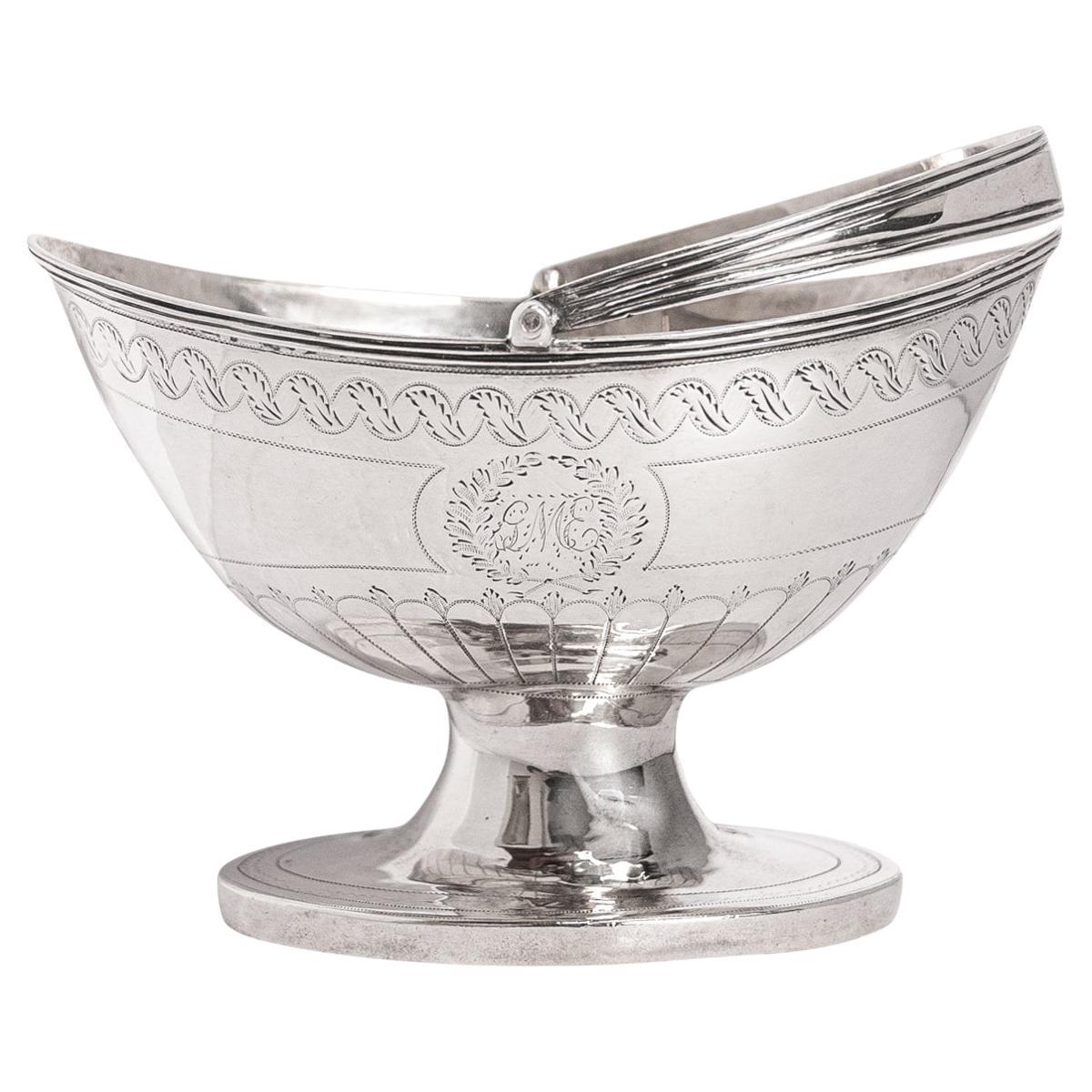 Antique English Sterling Silver Georgian Engraved Sugar Basket Bowl London 1790 For Sale