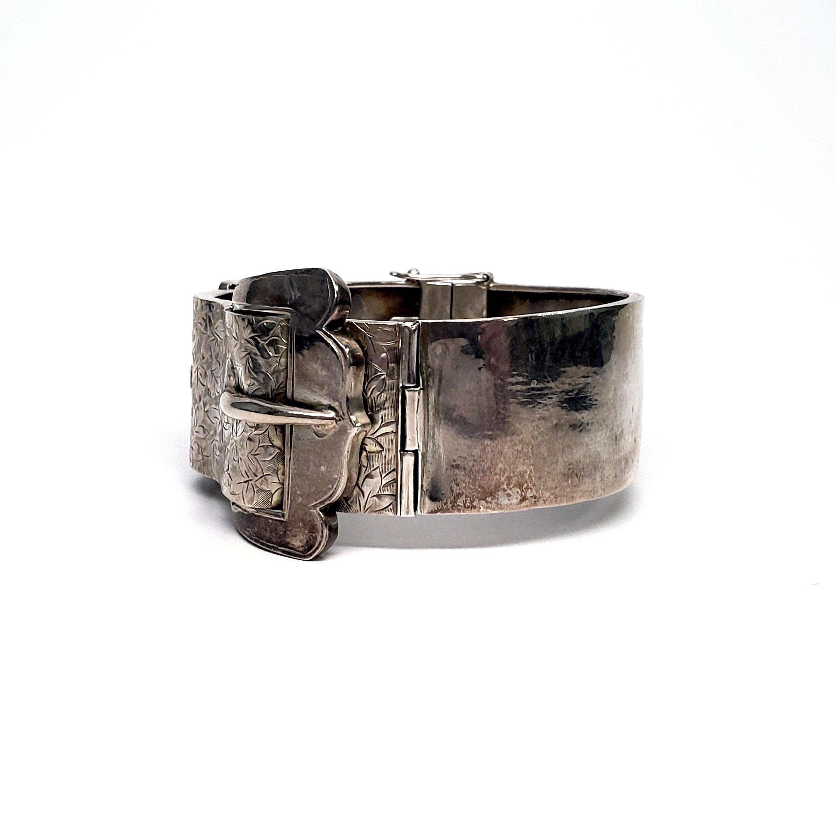 Antique English Sterling Silver Hand Etched Buckle Bracelet 2