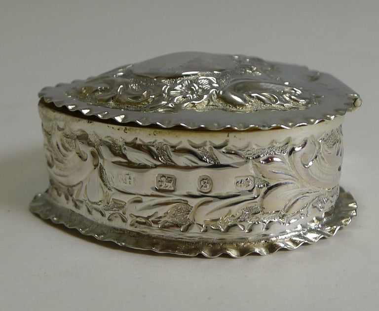Antique English Sterling Silver Heart Shaped Pill Box, Birmingham, 1892