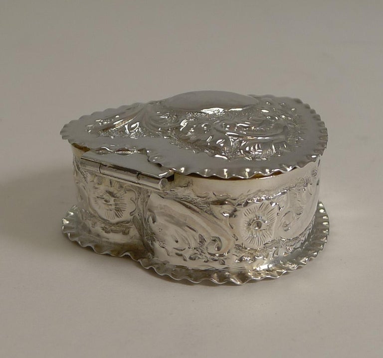 Antique English Sterling Silver Heart Shaped Pill Box, Birmingham, 1892