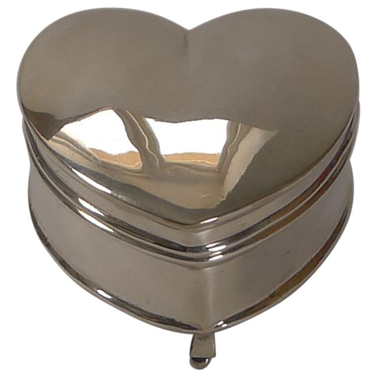 Antique English Sterling Silver Heart Shaped Trinket Ring Box, 1911