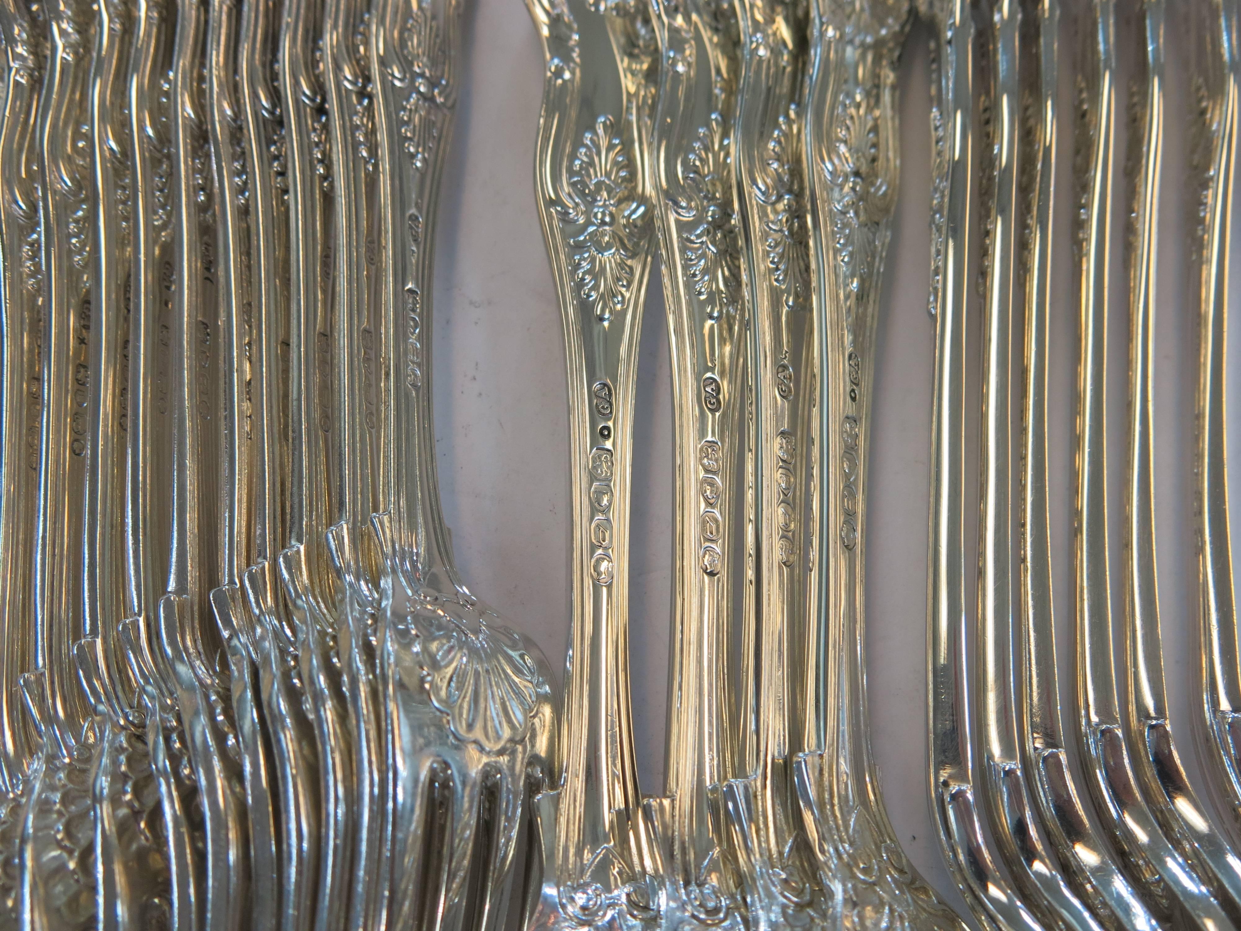 Antique English, Sterling Silver Kings Pattern Complete Flatware Set for 12 6