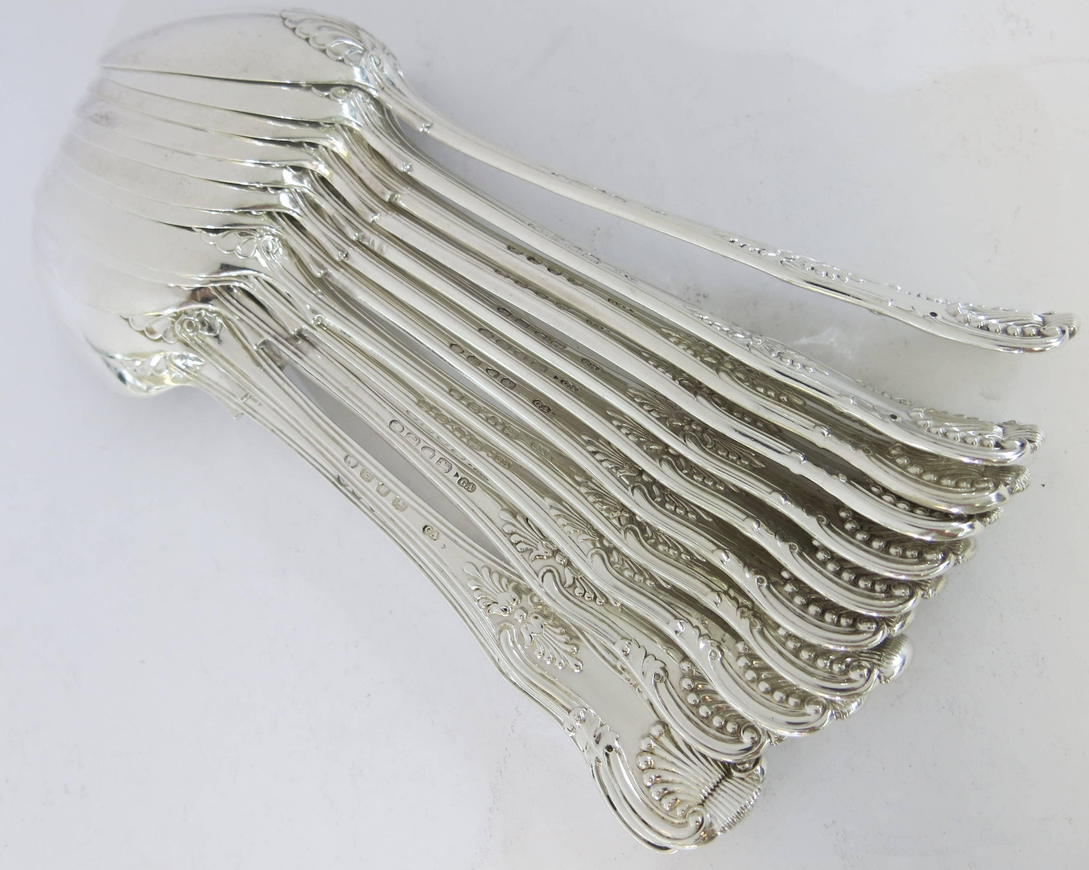 19th Century Antique English, Sterling Silver Kings Pattern Complete Flatware Set for 12