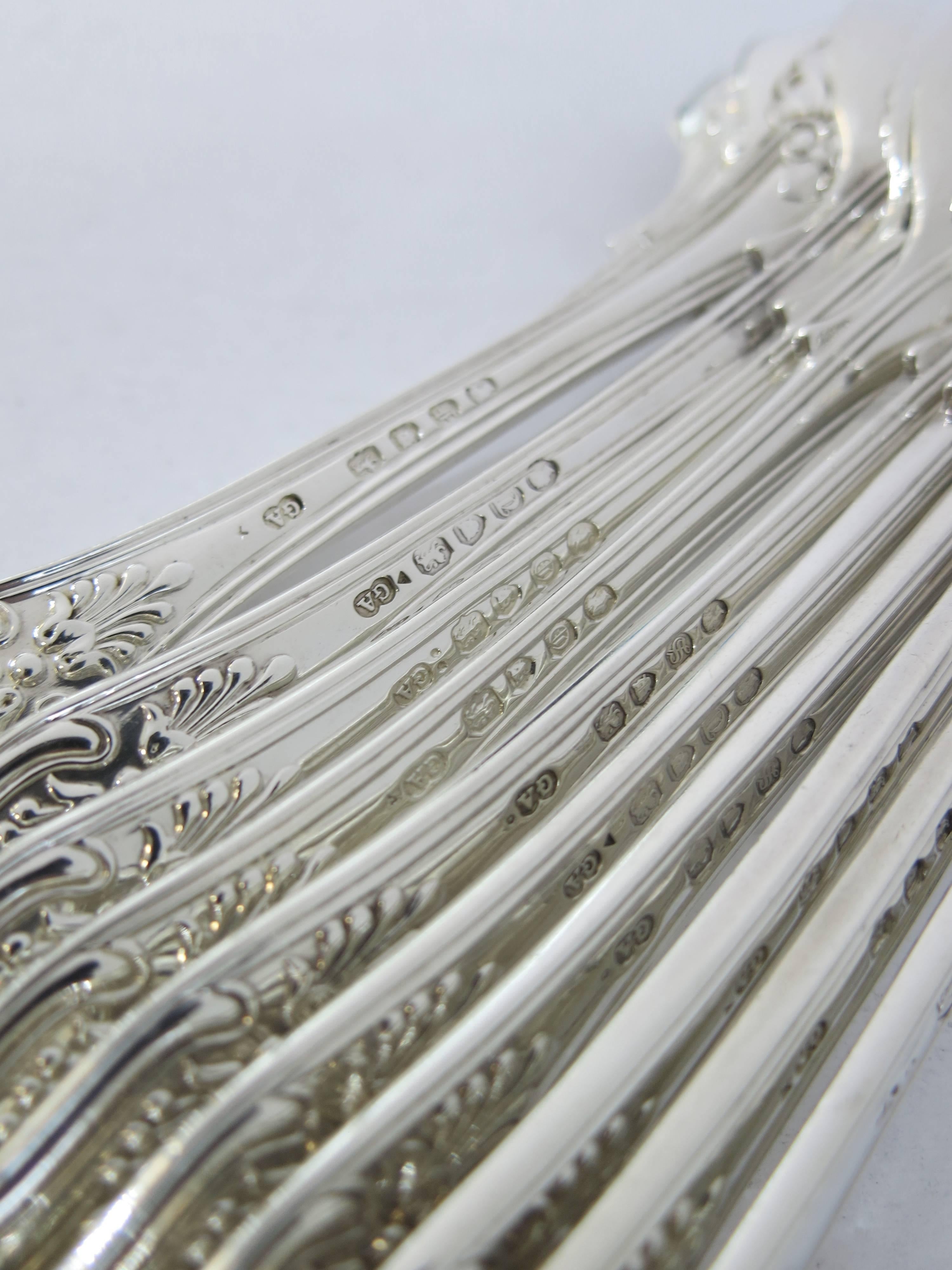 Antique English, Sterling Silver Kings Pattern Complete Flatware Set for 12 1