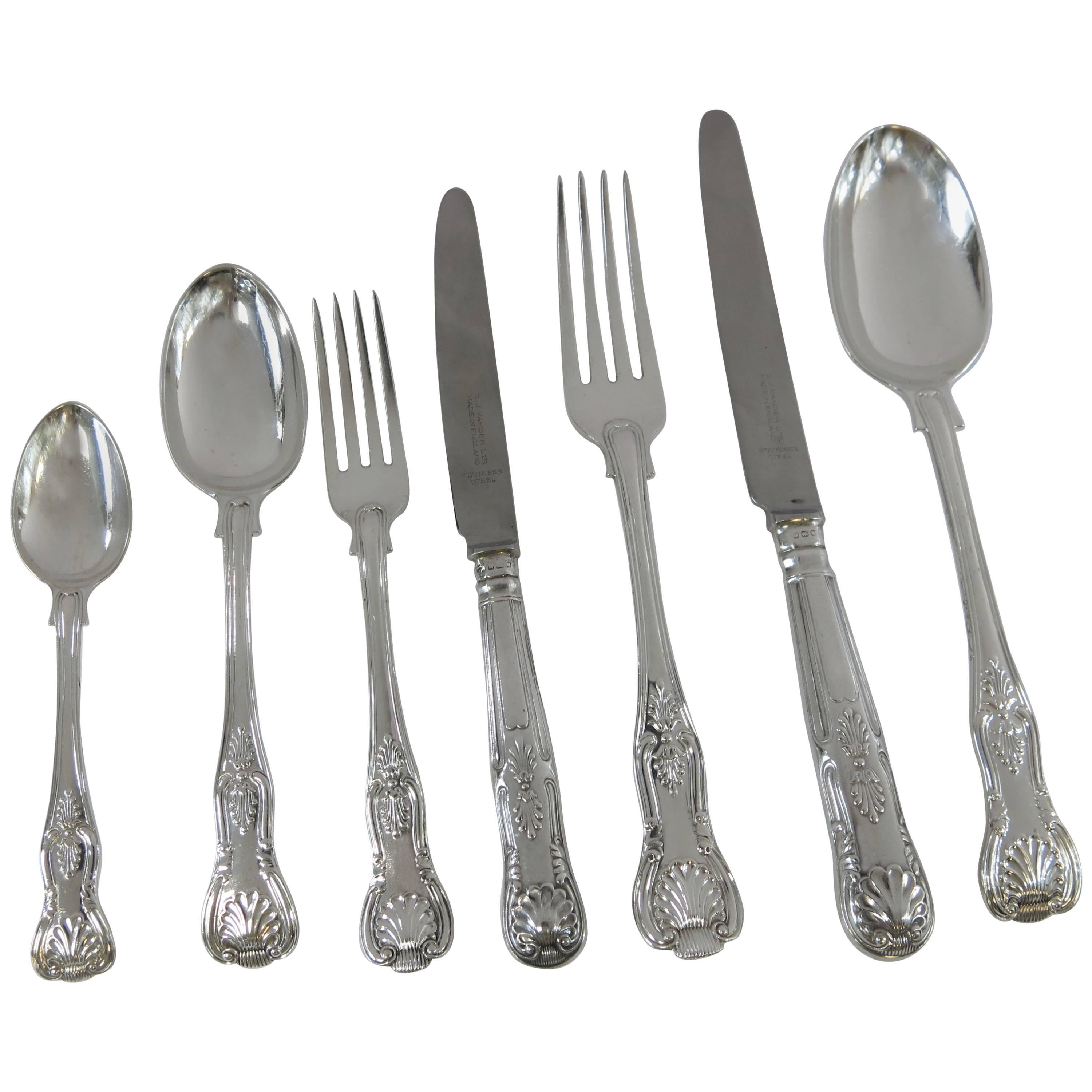 Antique English, Sterling Silver Kings Pattern Complete Flatware Set for 12