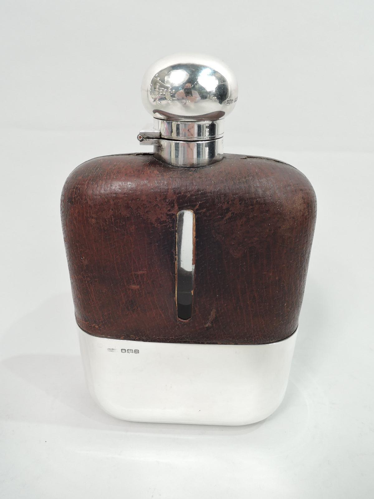 Edwardian Antique English Sterling Silver & Leather Easy-Grip Safari Flask For Sale