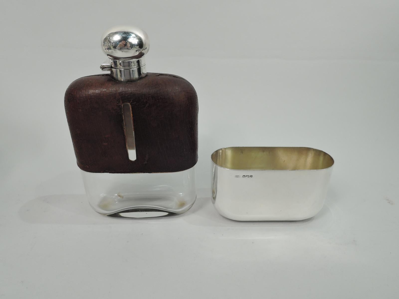 Antique English Sterling Silver & Leather Easy-Grip Safari Flask In Good Condition For Sale In New York, NY
