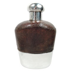 Antique English Sterling Silver & Leather Two-Hand Alpha Safari Flask