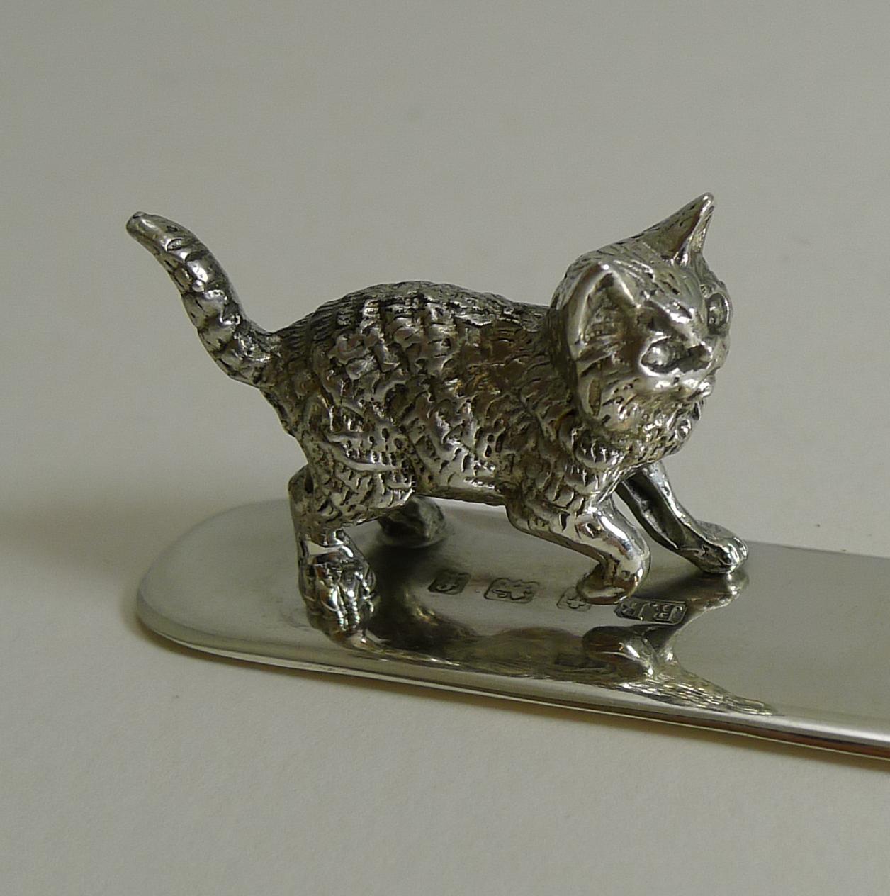 Edwardian Antique English Sterling Silver Letter Opener Cat, 1905