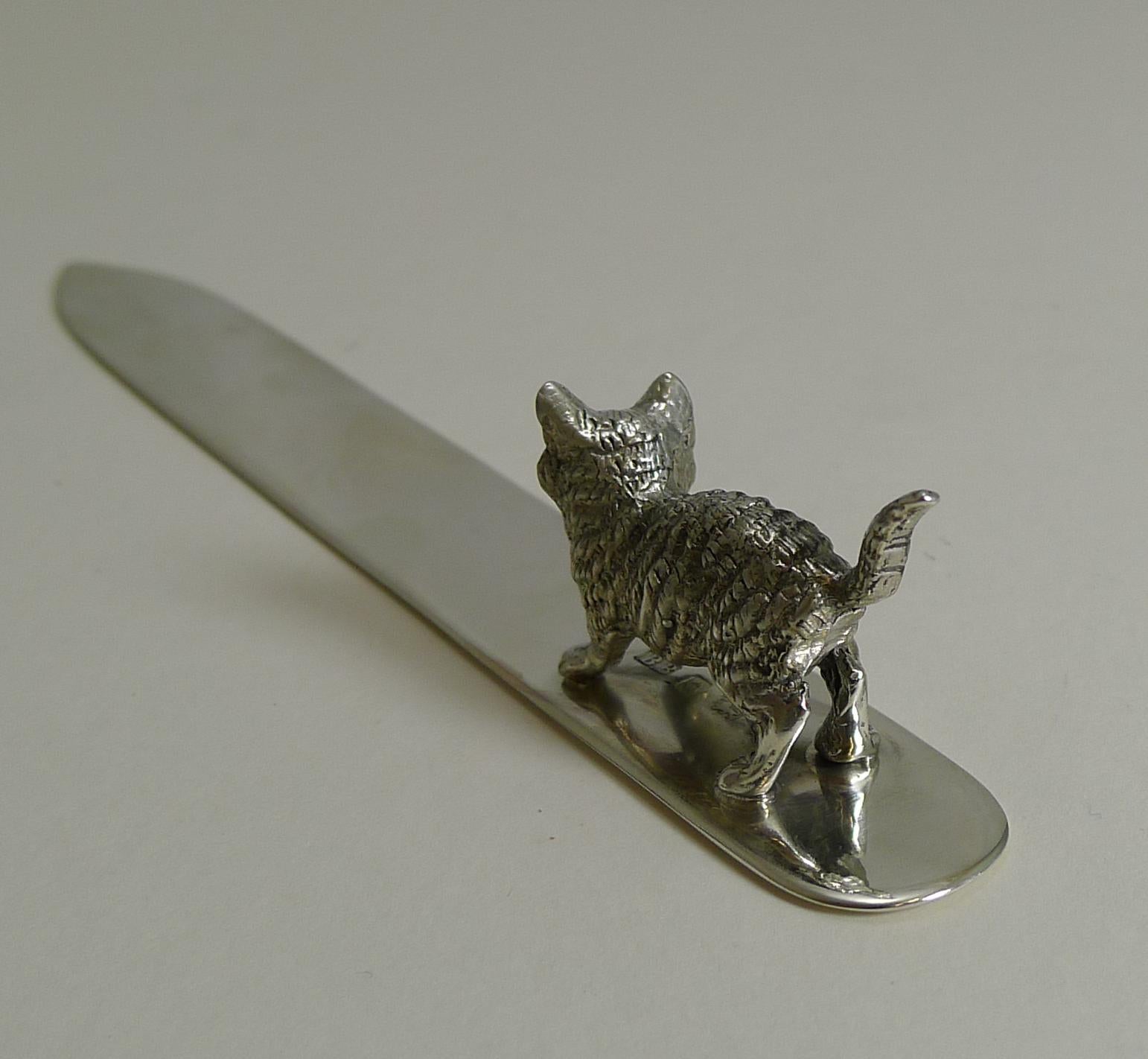 Early 20th Century Antique English Sterling Silver Letter Opener Cat, 1905