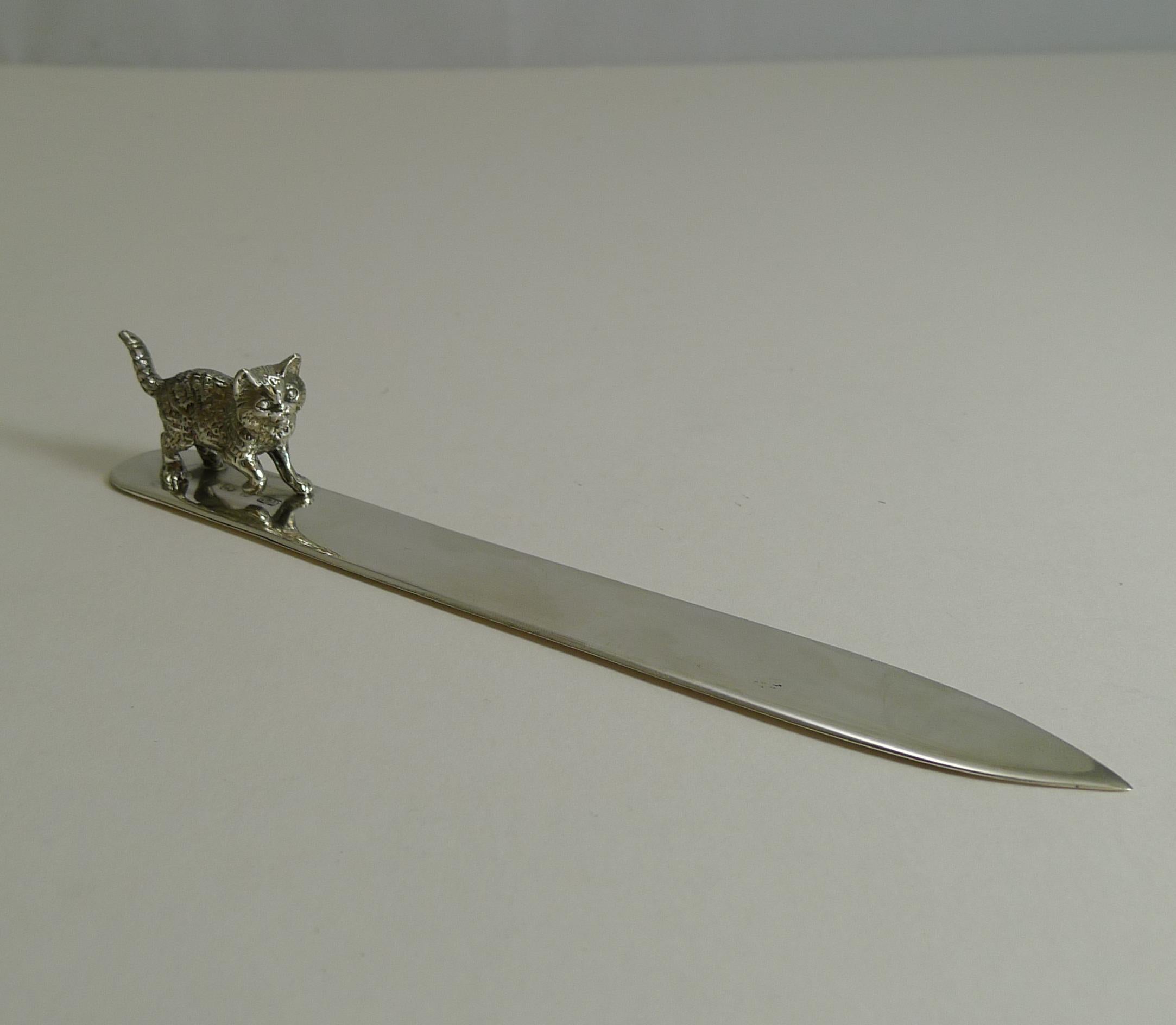 Antique English Sterling Silver Letter Opener Cat, 1905 1