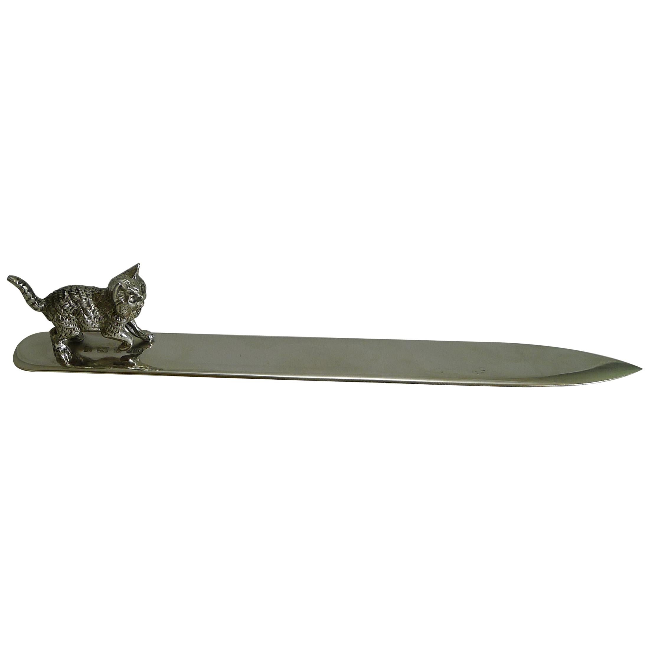 Antique English Sterling Silver Letter Opener Cat, 1905