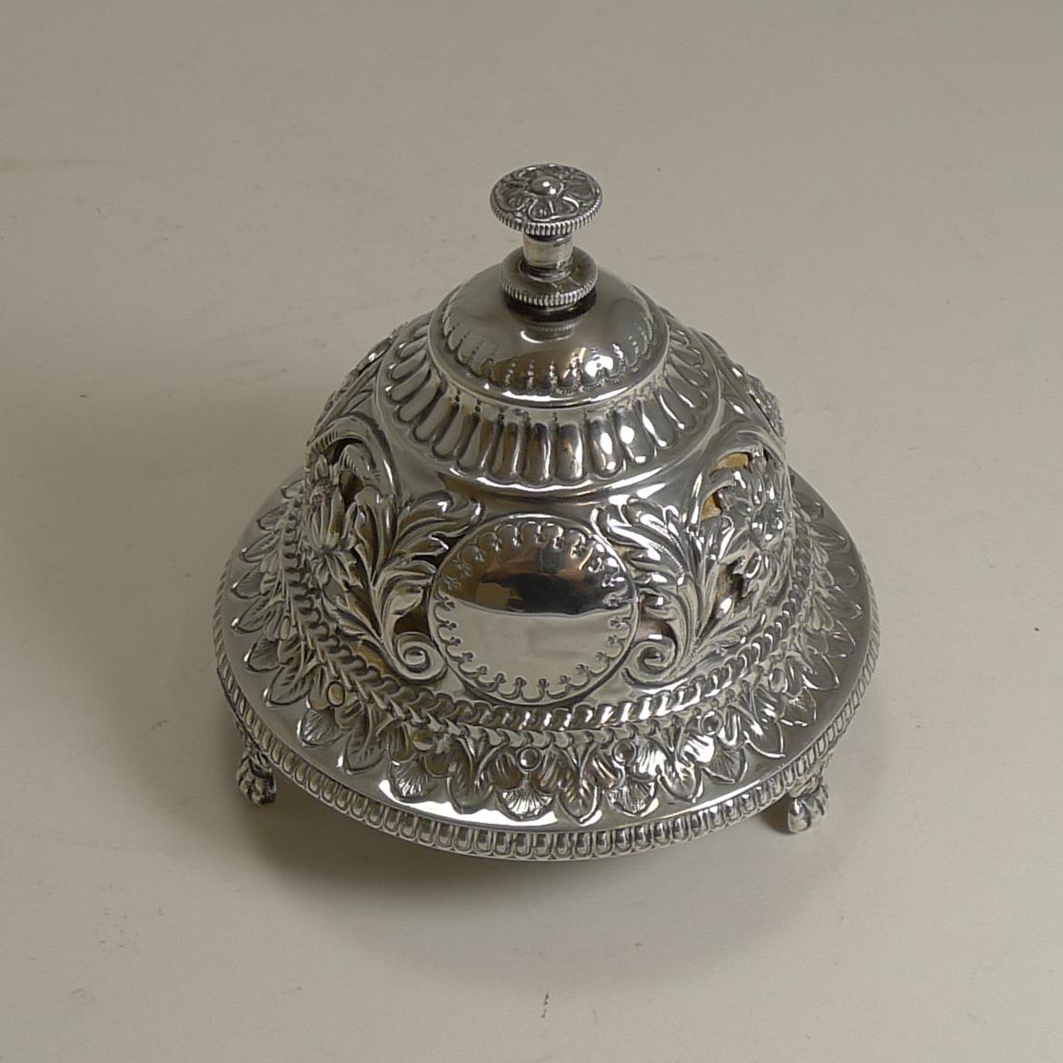 Late 19th Century Antique English Sterling Silver Mechanical Table Bell, 1889