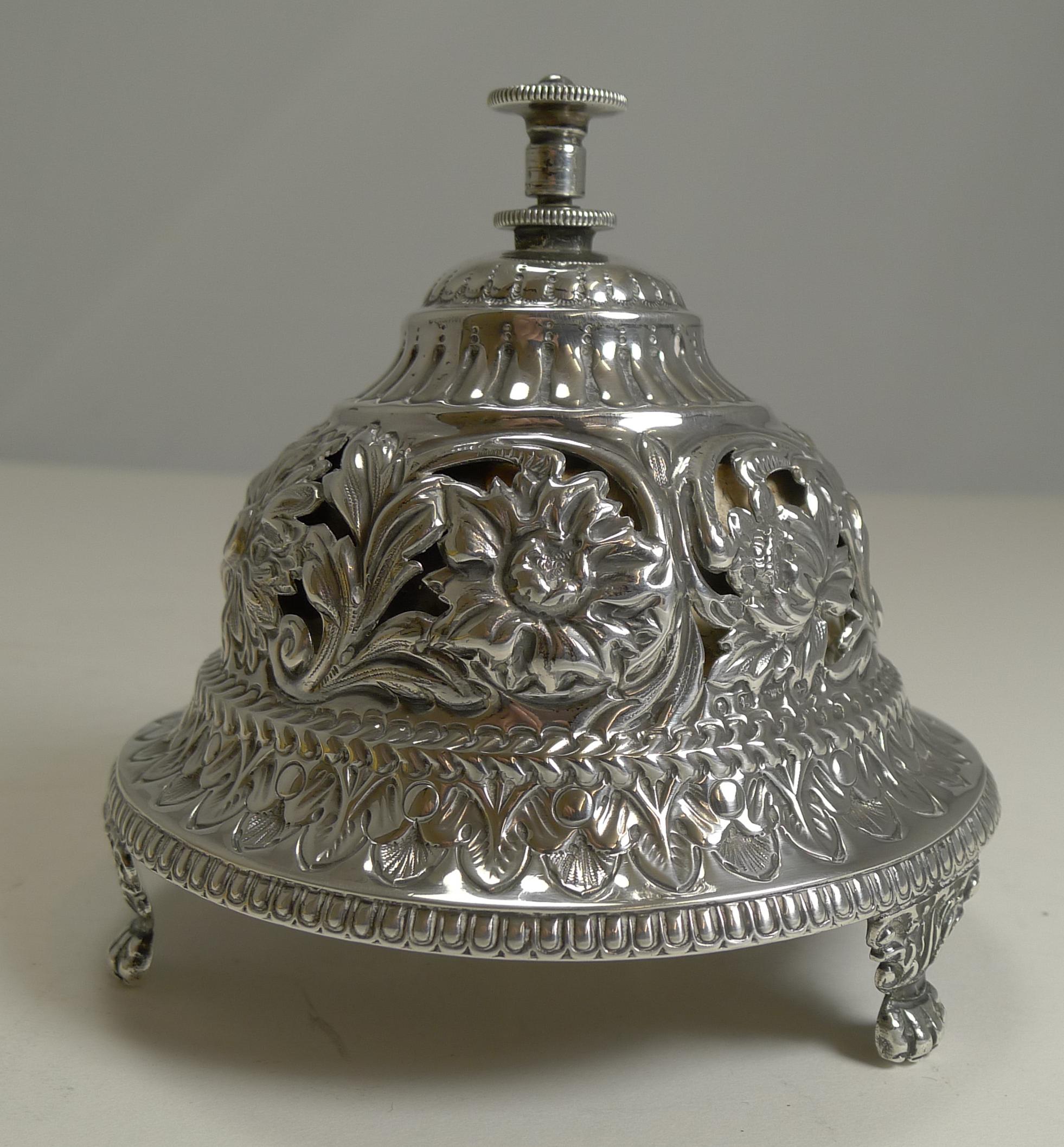 Antique English Sterling Silver Mechanical Table Bell, 1889 1