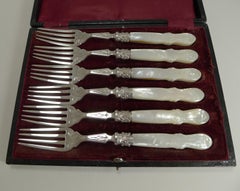 Antique English Sterling Silver & Mother of Pearl Cake or Desert Forks, 1873