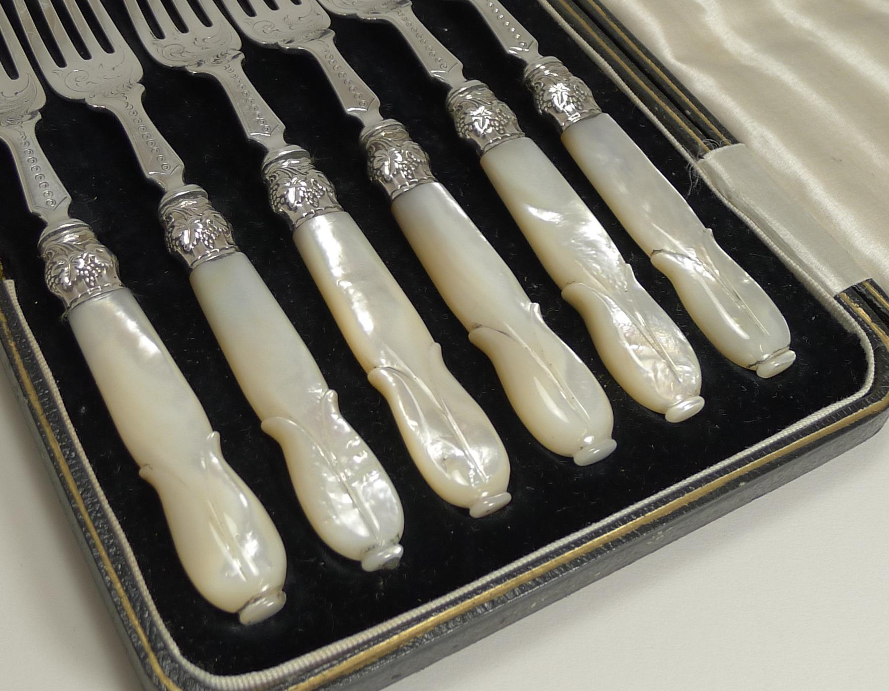 Victorian Antique English Sterling Silver and Mother of Pearl Cake or Desert Forks, 1873