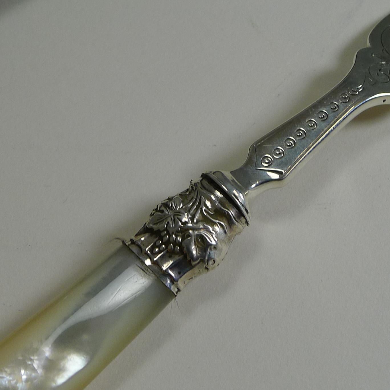 Antique English Sterling Silver and Mother of Pearl Cake or Desert Forks, 1873 In Good Condition In Bath, GB