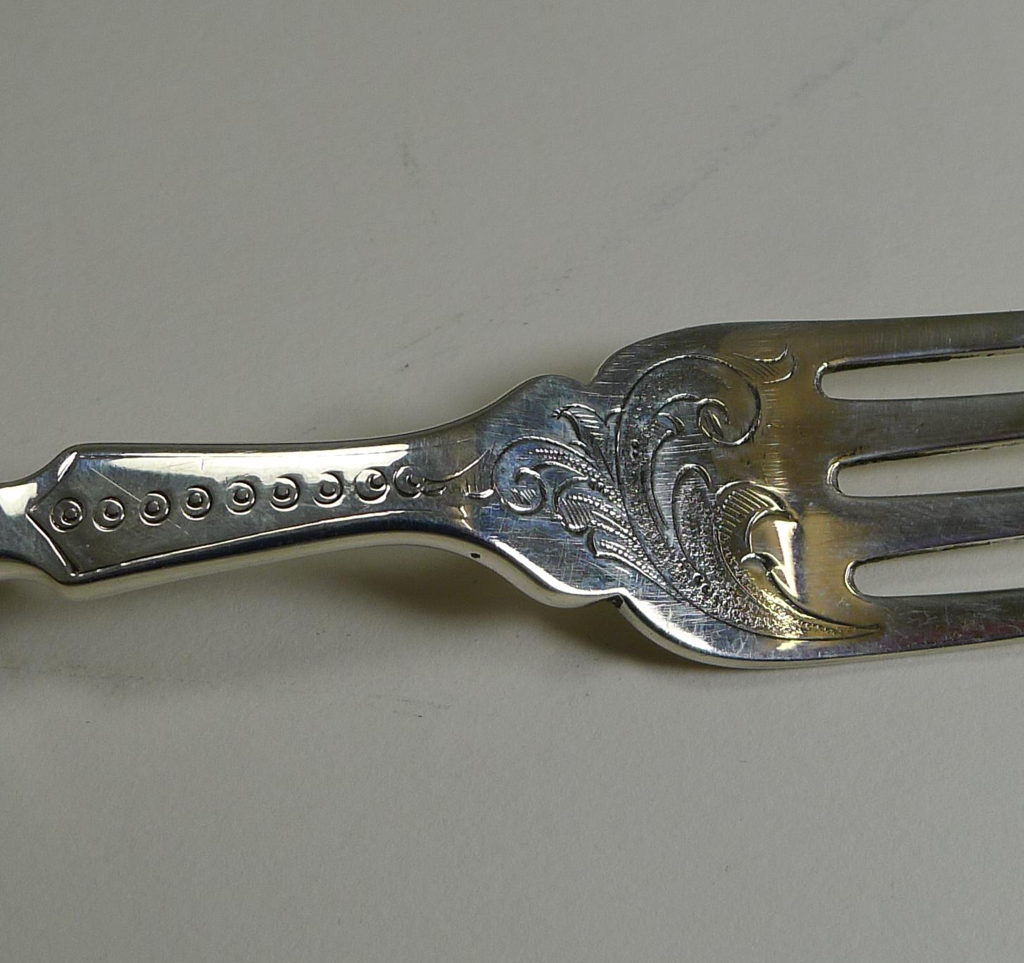 Late 19th Century Antique English Sterling Silver and Mother of Pearl Cake or Desert Forks, 1873