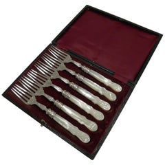 Antique English Sterling Silver & Mother of Pearl Cake or Desert Forks, 1873