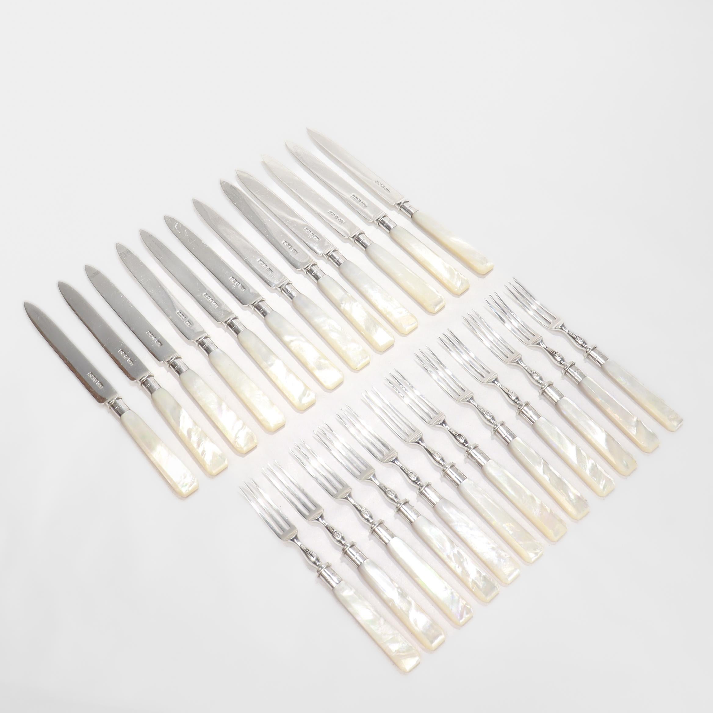 Edwardian Antique English Sterling Silver & Mother-of-Pearl Cased 24-Piece Dessert Service For Sale