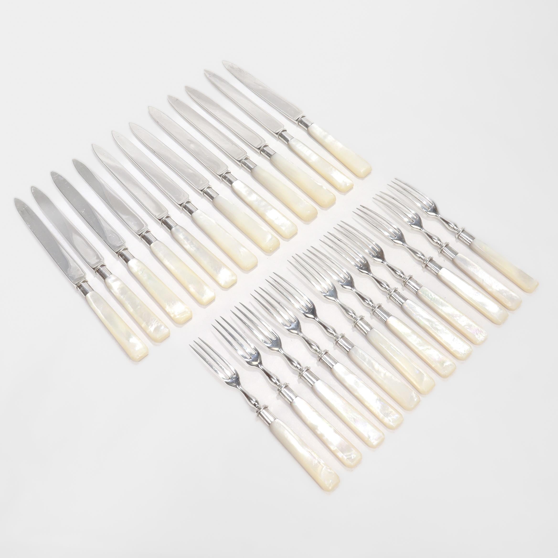 British Antique English Sterling Silver & Mother-of-Pearl Cased 24-Piece Dessert Service For Sale
